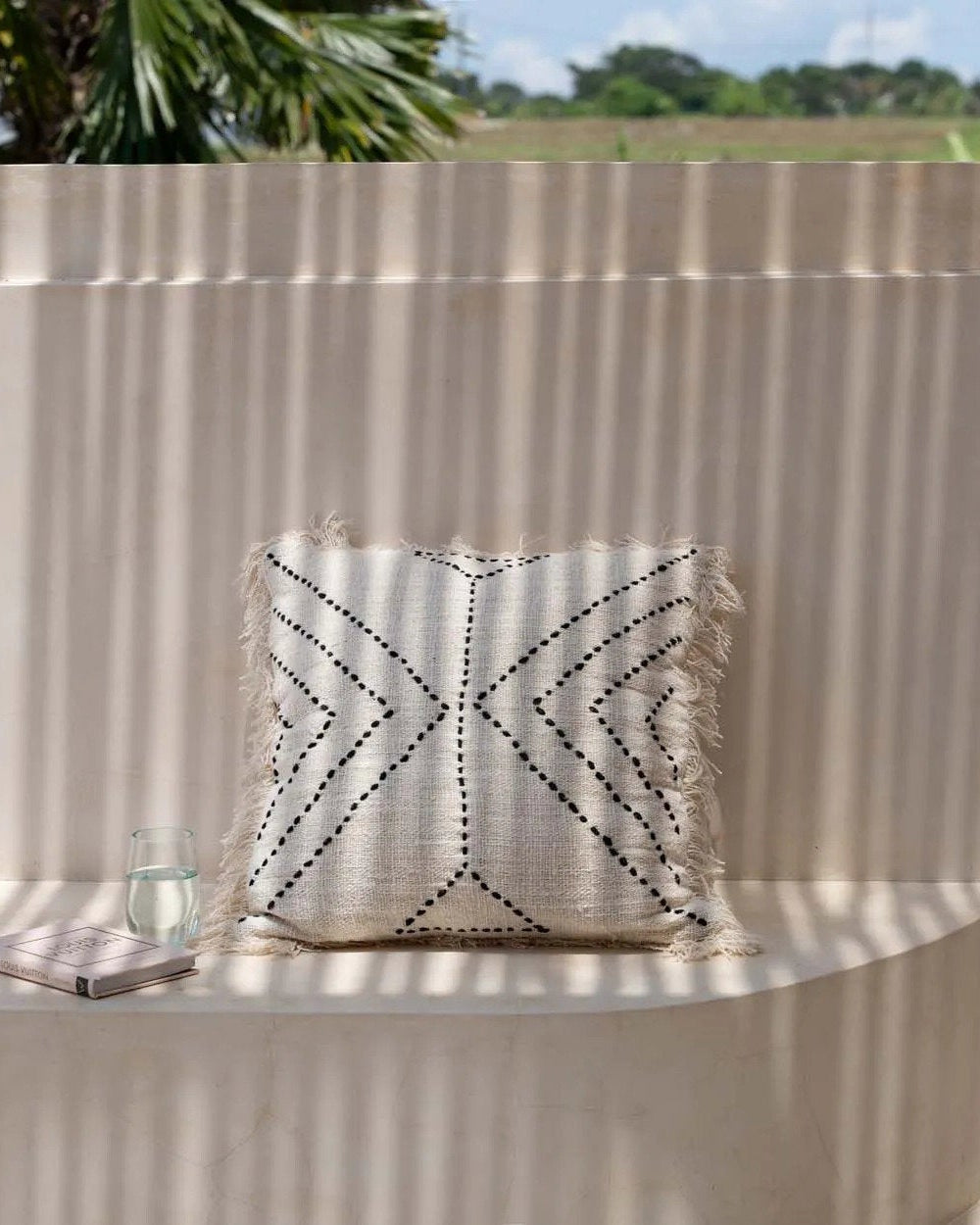 Tribal - Fodera per cuscino in cotone e rafia bianco naturale