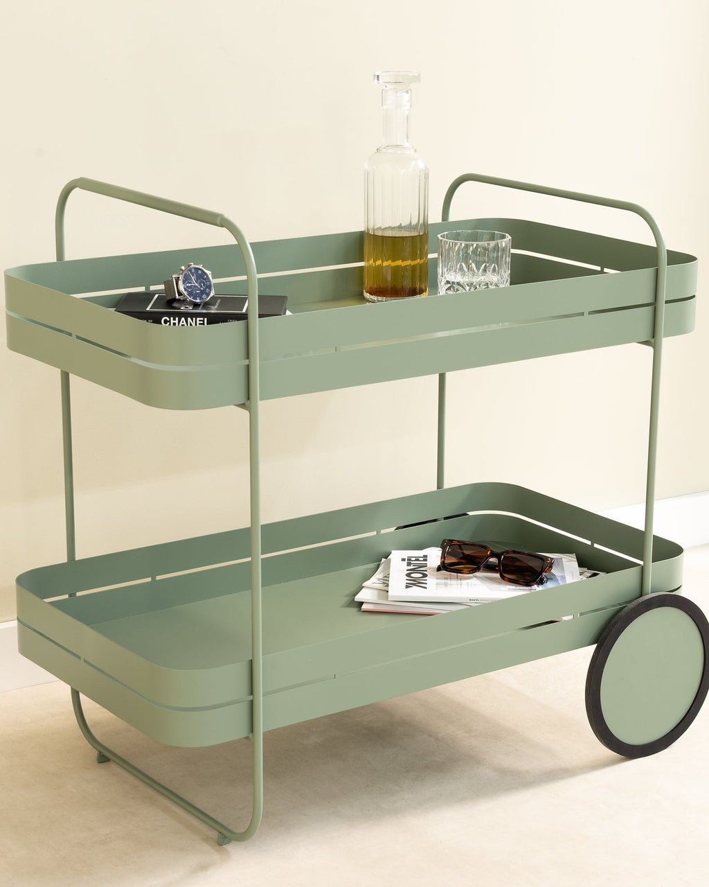 Gin e trolley - carrello bar in acciaio verde polvere