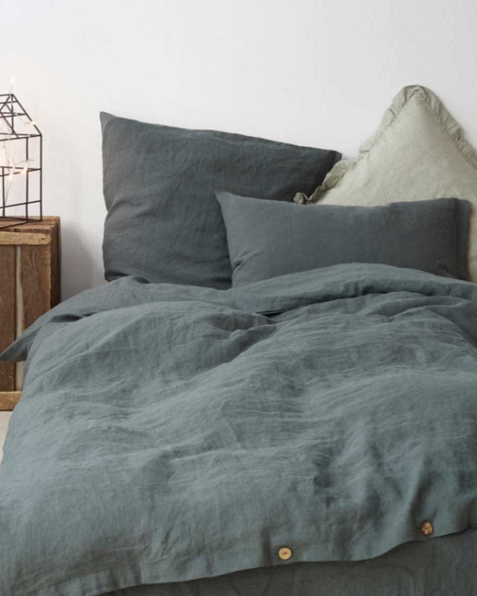 Set da letto copripiumino in lino verde scuro