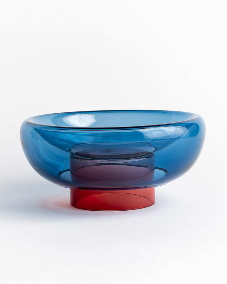 Elegante alzata porta frutta in vetro blu e rosso