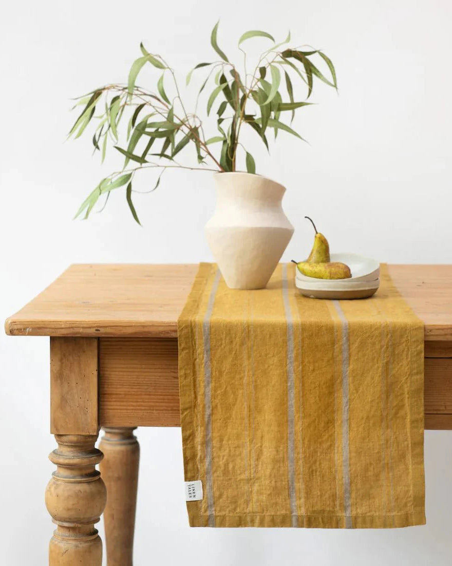 Stripes - runner in lino a righe giallo bronzo