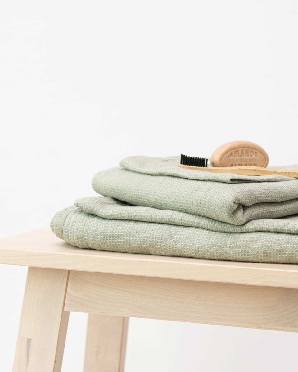 Set 3 asciugamani in puro lino waffle verde salvia