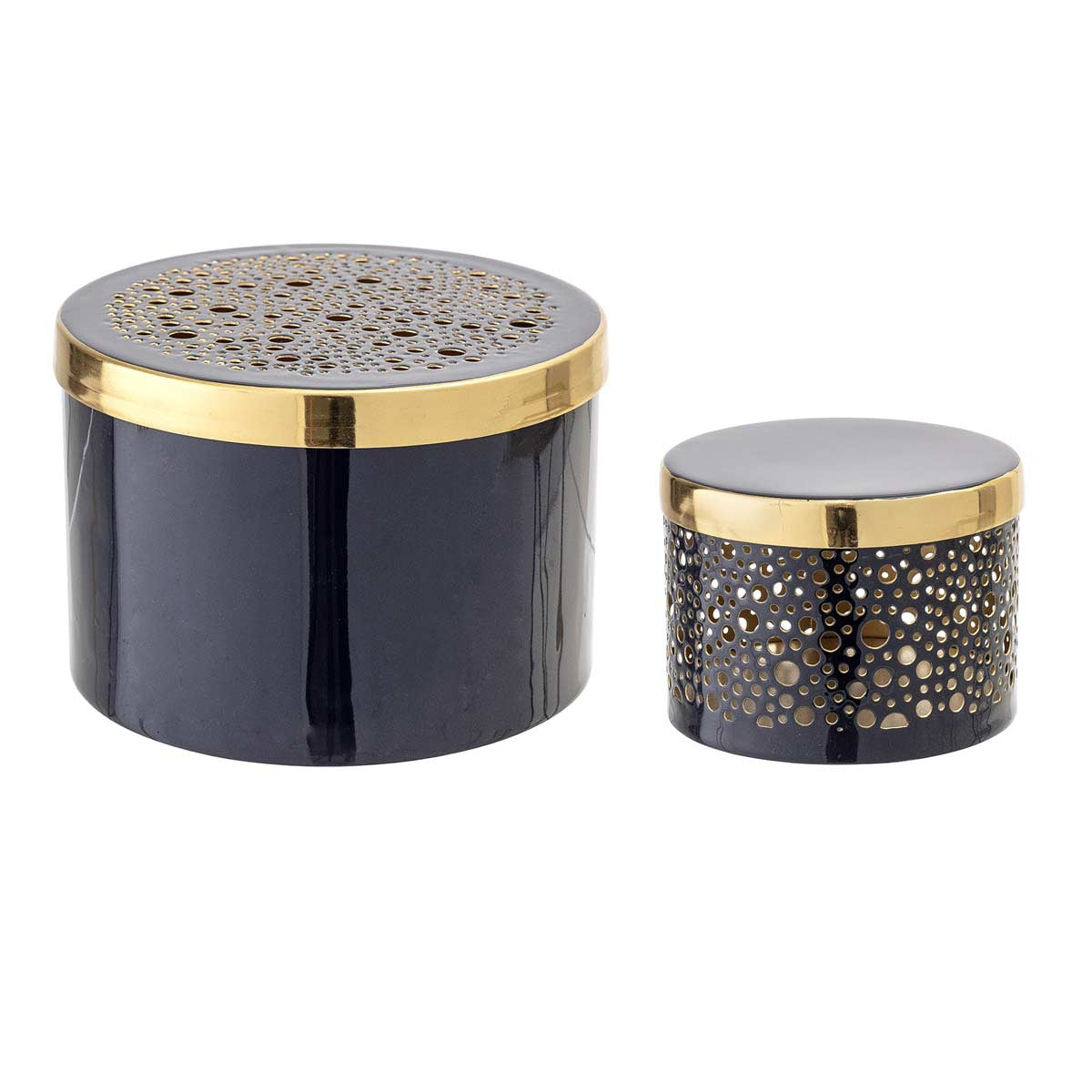 Coppia di barattoli blu in metallo dorato
