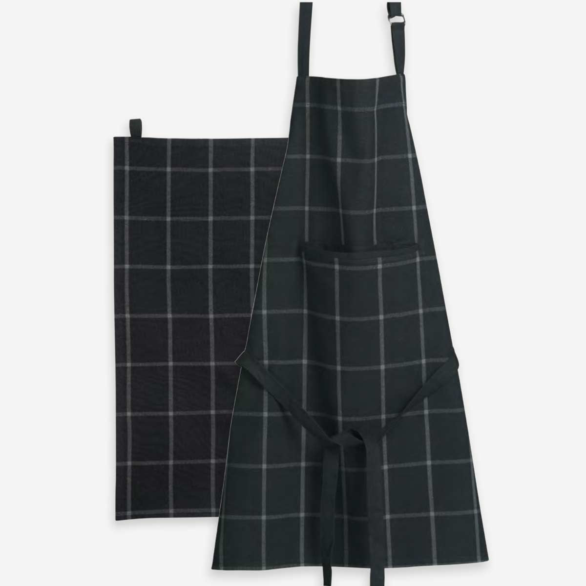 Set due canovacci e grembiule da cucina nero a quadri