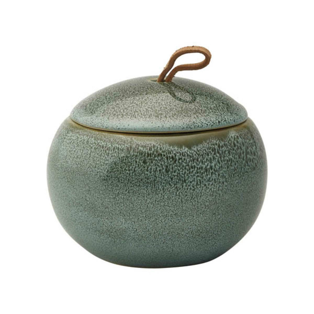 Piccolo contenitore con coperchio per il bagno, realizzato in gres color verde acqua