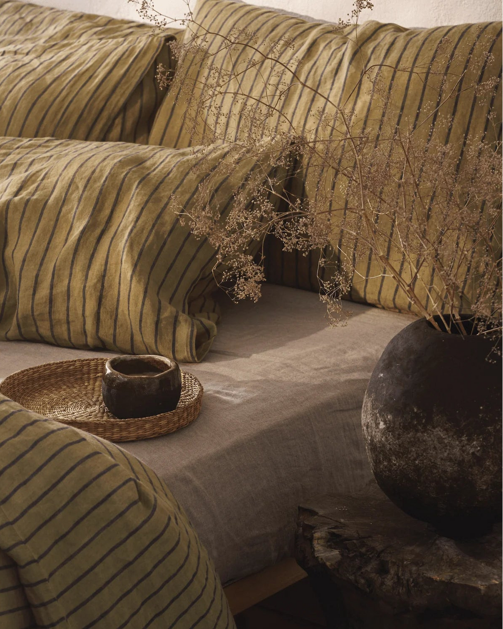 Green blue stripe - set copripiumino in lino verde a righe blu + federe