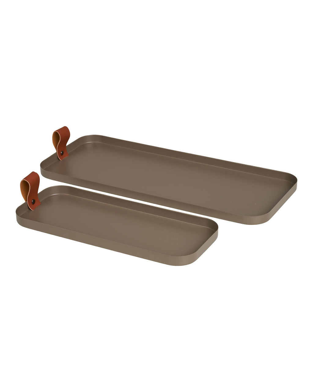 Set di 2 vassoi in acciaio con manico in cuoio