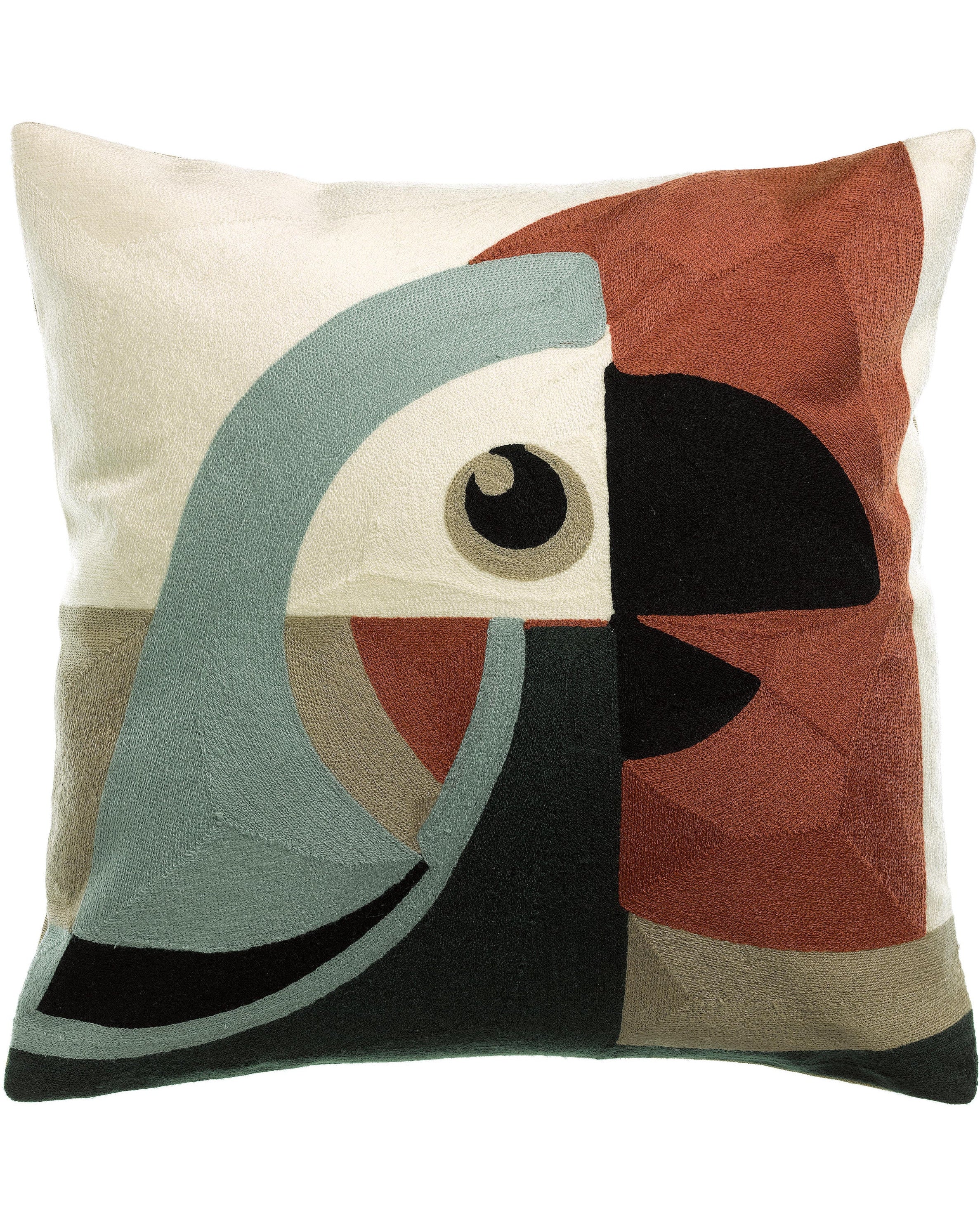Loro - Cuscino ricamato azzurro e rosso terracotta, 45 X 45