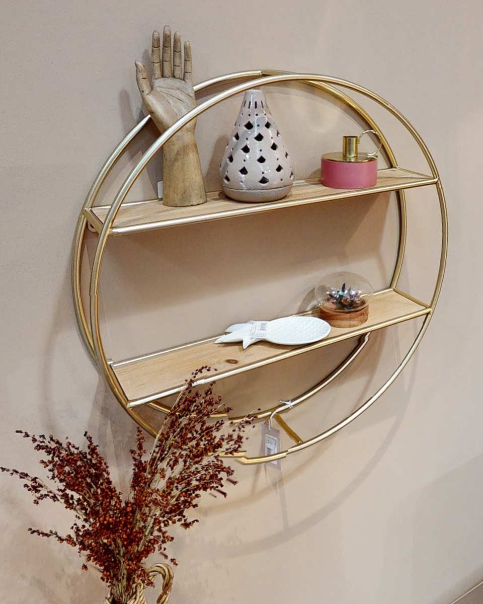 Libreria di design tonda in metallo e legno, ideale anche per il arredare il bagno