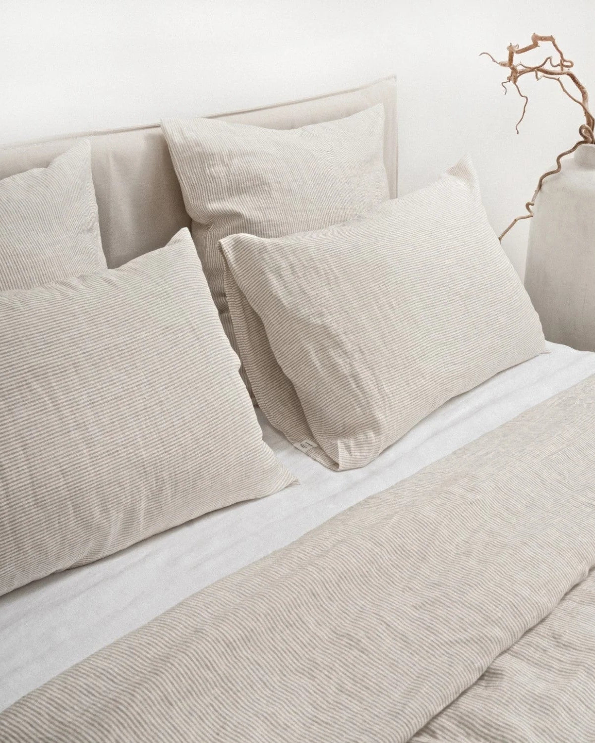 Natural stripe - set copripiumino in lino a righe tinta naturale + federe