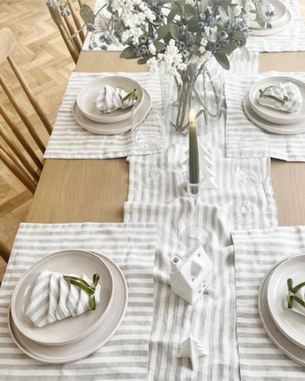 Stripes - runner in lino naturale a righe beige