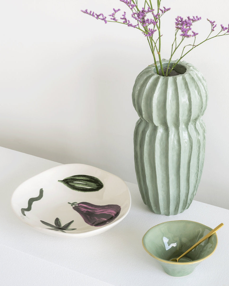 Piatto in grès fantasia melanzane e foglie verdi