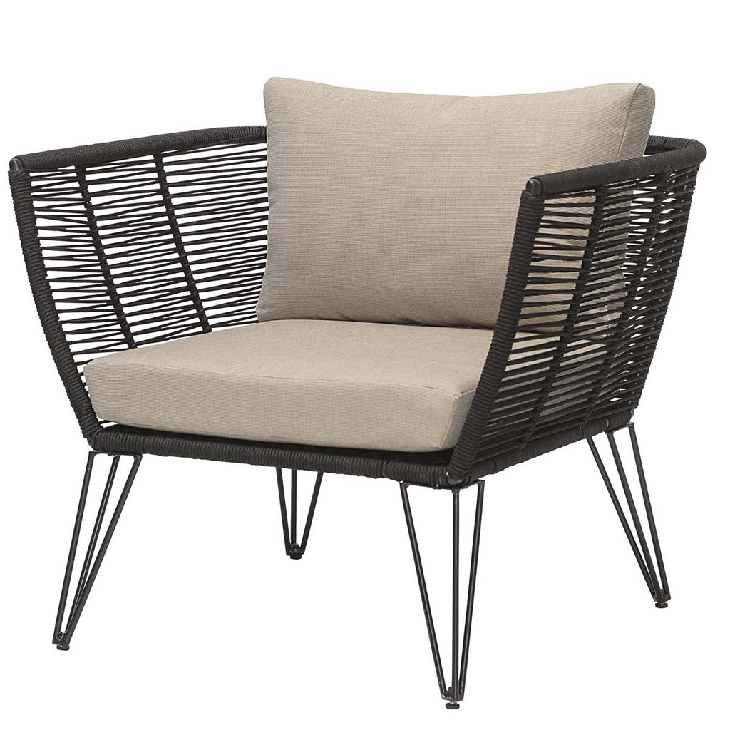 Poltrona da giardino in metallo nero e corda intrecciata