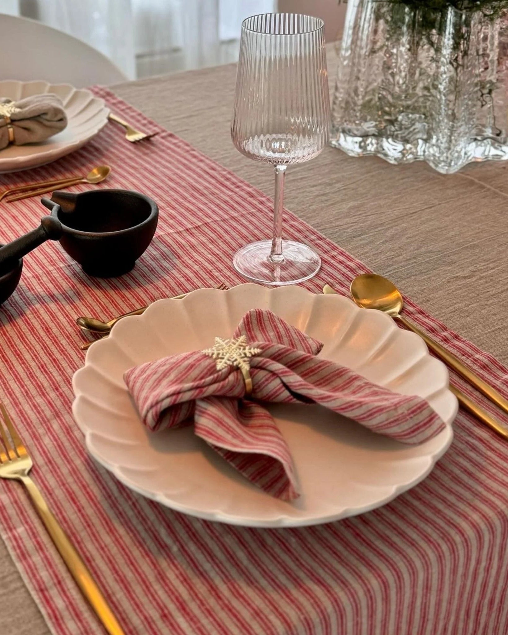 Stripes - runner in lino naturale a righe rosse