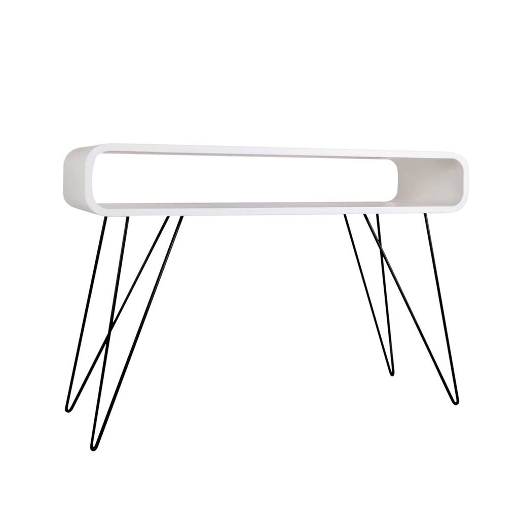 Scrivania consolle di design con piano bianco e gambe in metallo nere