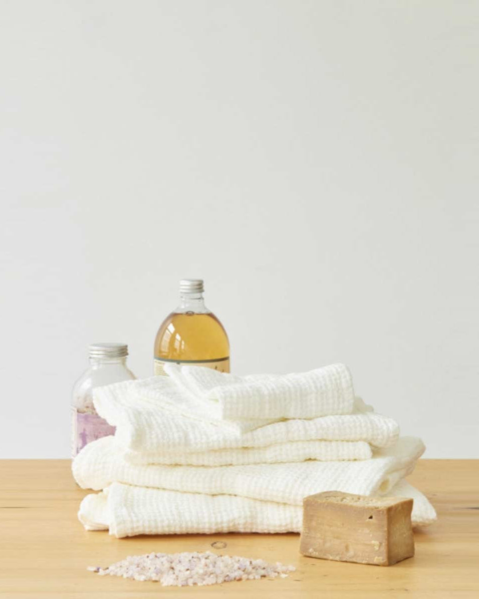 Set 3 asciugamani in puro lino bianco waffle