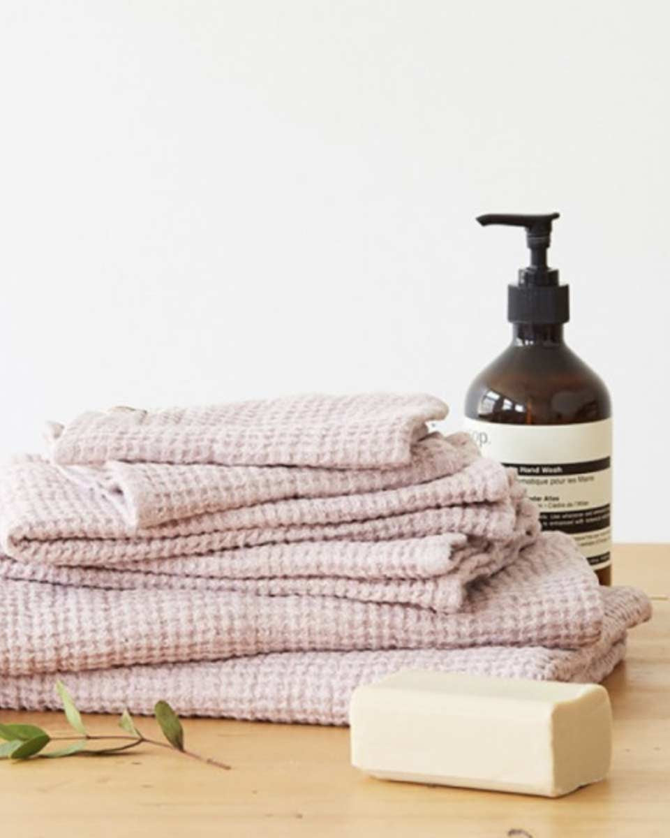 Set 3 asciugamani rosa in lino waffle