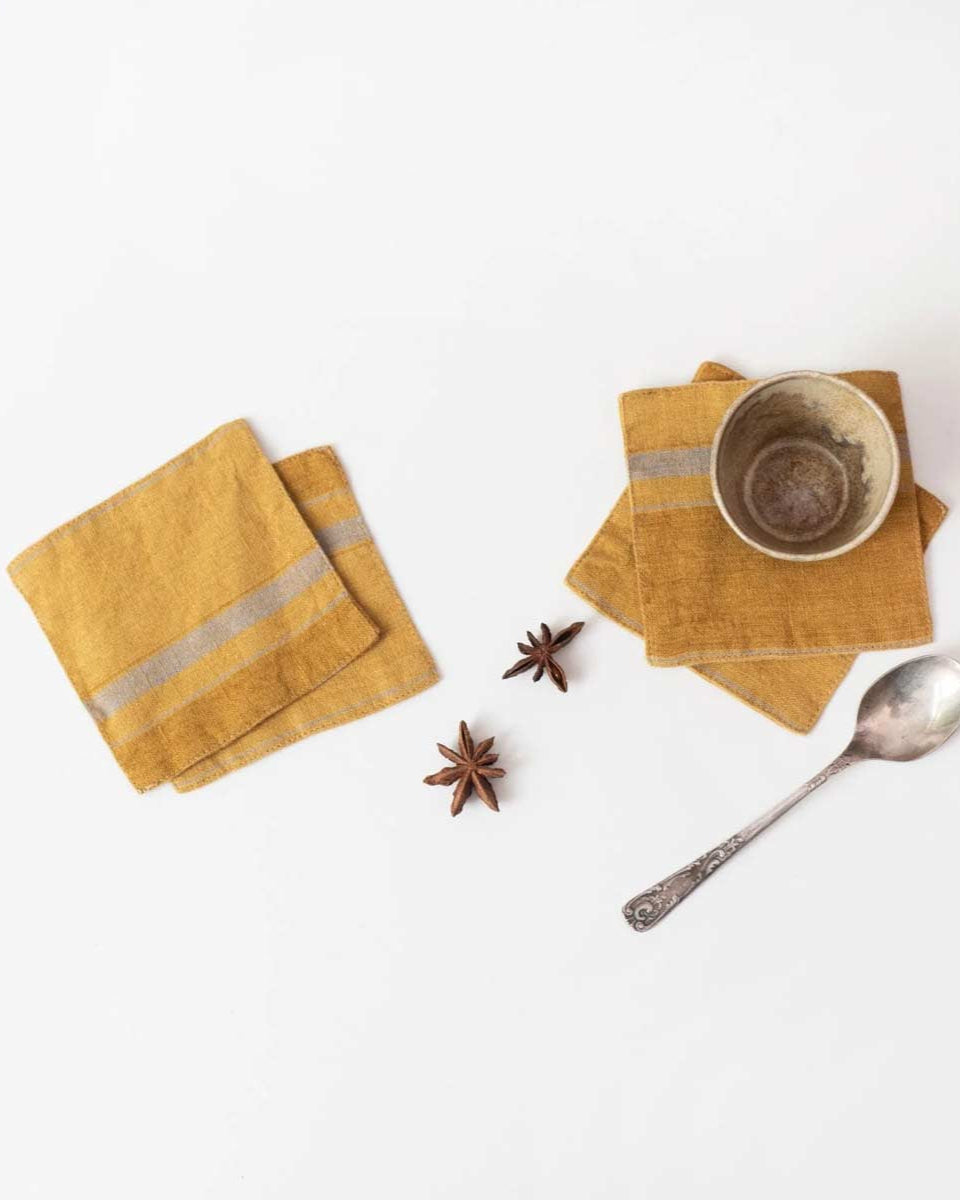 Set 4 sottobicchieri in lino a righe bronzo e grigio