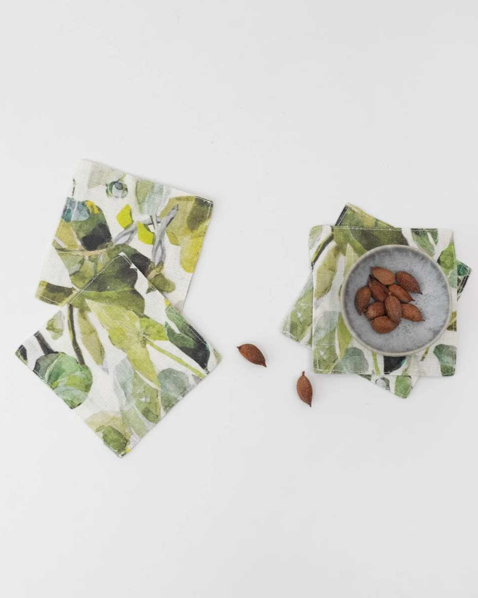 Set 4 sottobicchieri in lino foglie verdi