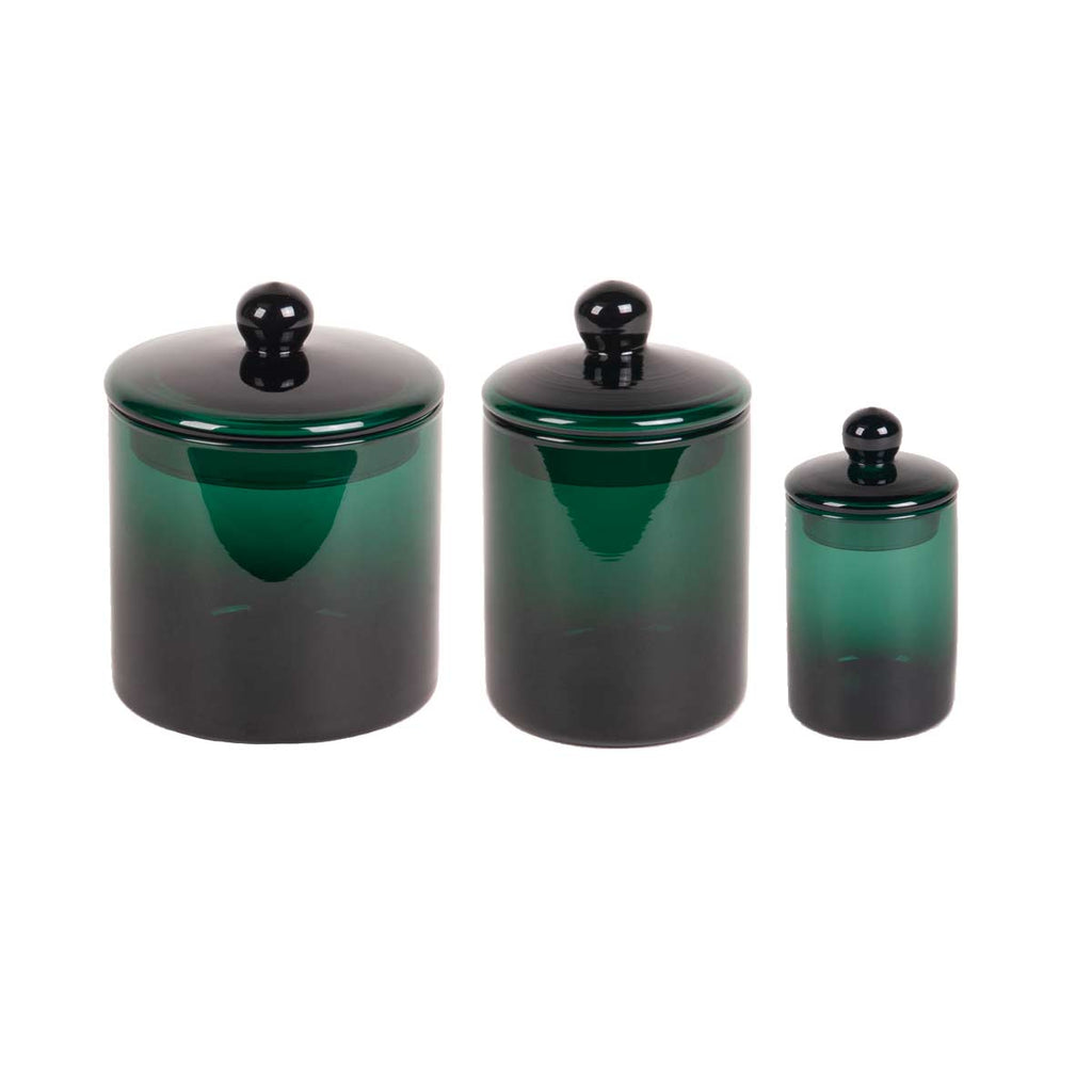 Set 3 barattoli in vetro verde scuro con coperchio