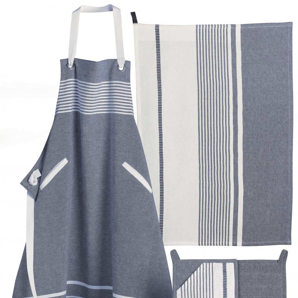 Set in cotone grigio e bianco: grembiule da cucina, due presine e canovaccio.