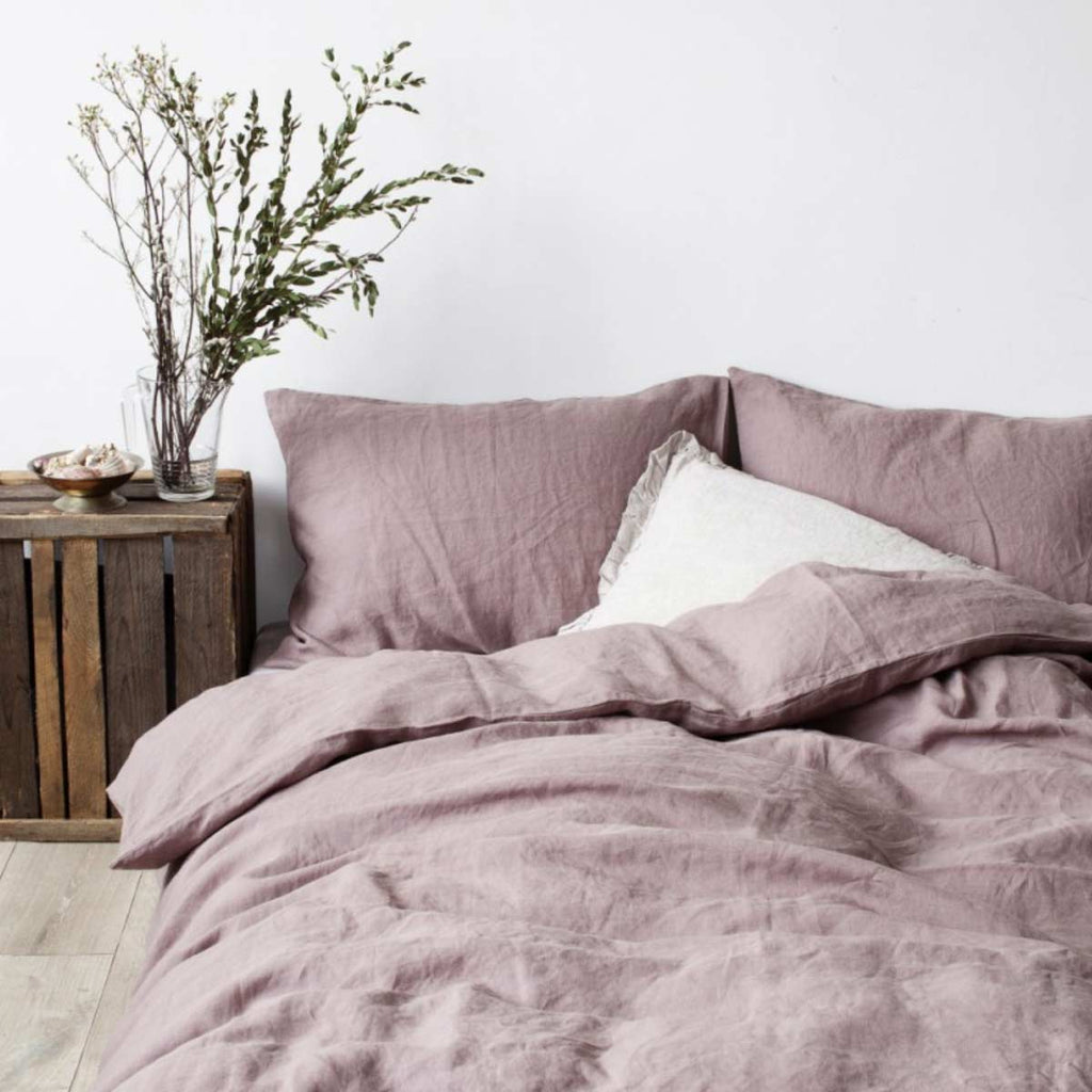 Set da letto copripiumino in lino rosa antico