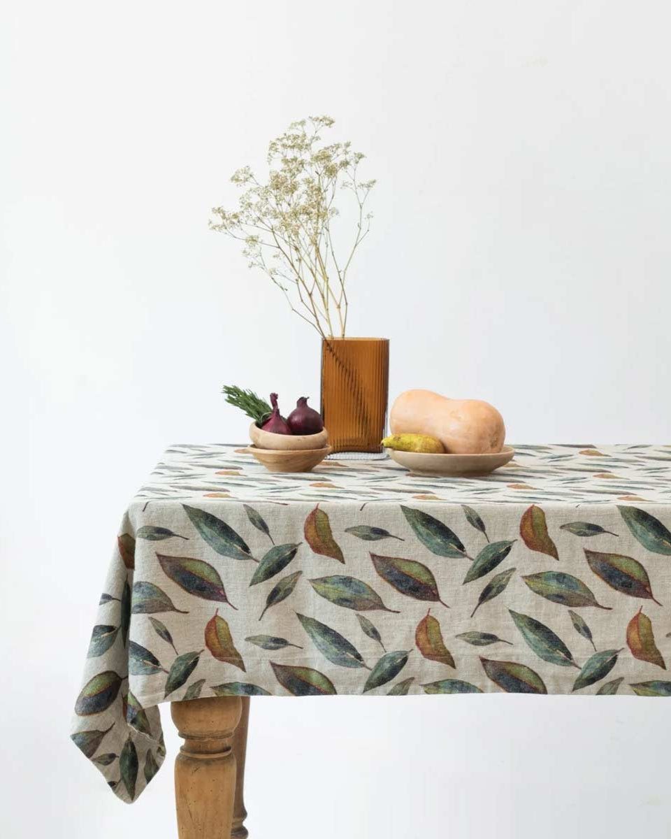 Golden Fall - tovaglia in lino con stampa foglie, tinta naturale